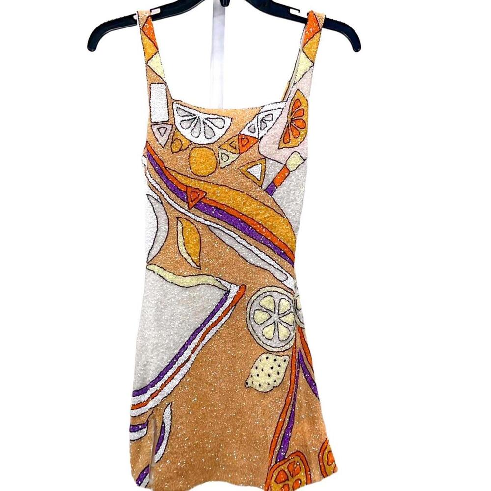 Oceanus Palm Beach Hand-Beaded Mini Dress Orange $1480